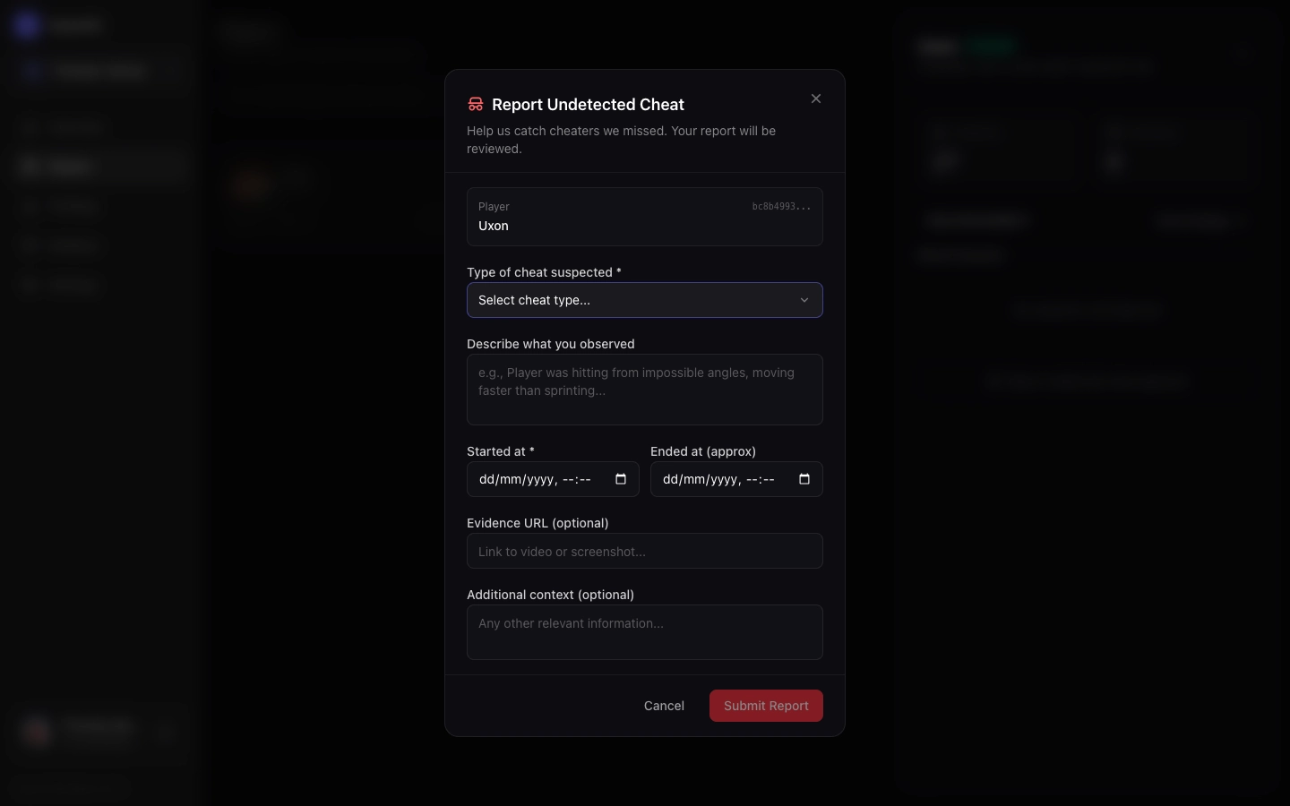 Report Undetected Cheat Dialog